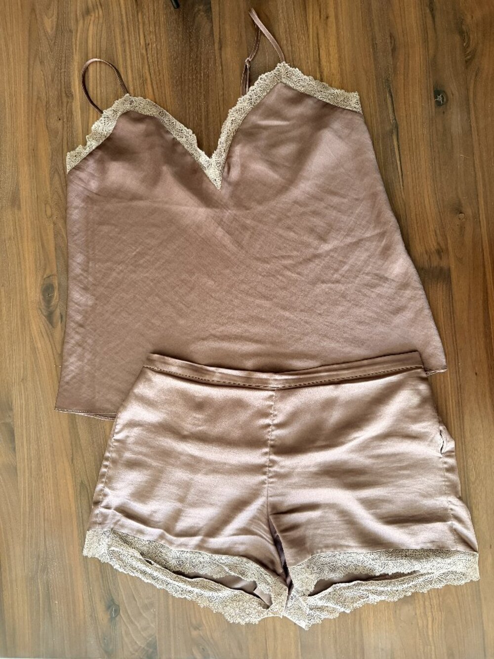 Etam Champagne Satin Pajama Set Lace Trim Cami & Shorts 2 Piece Sleepwear French